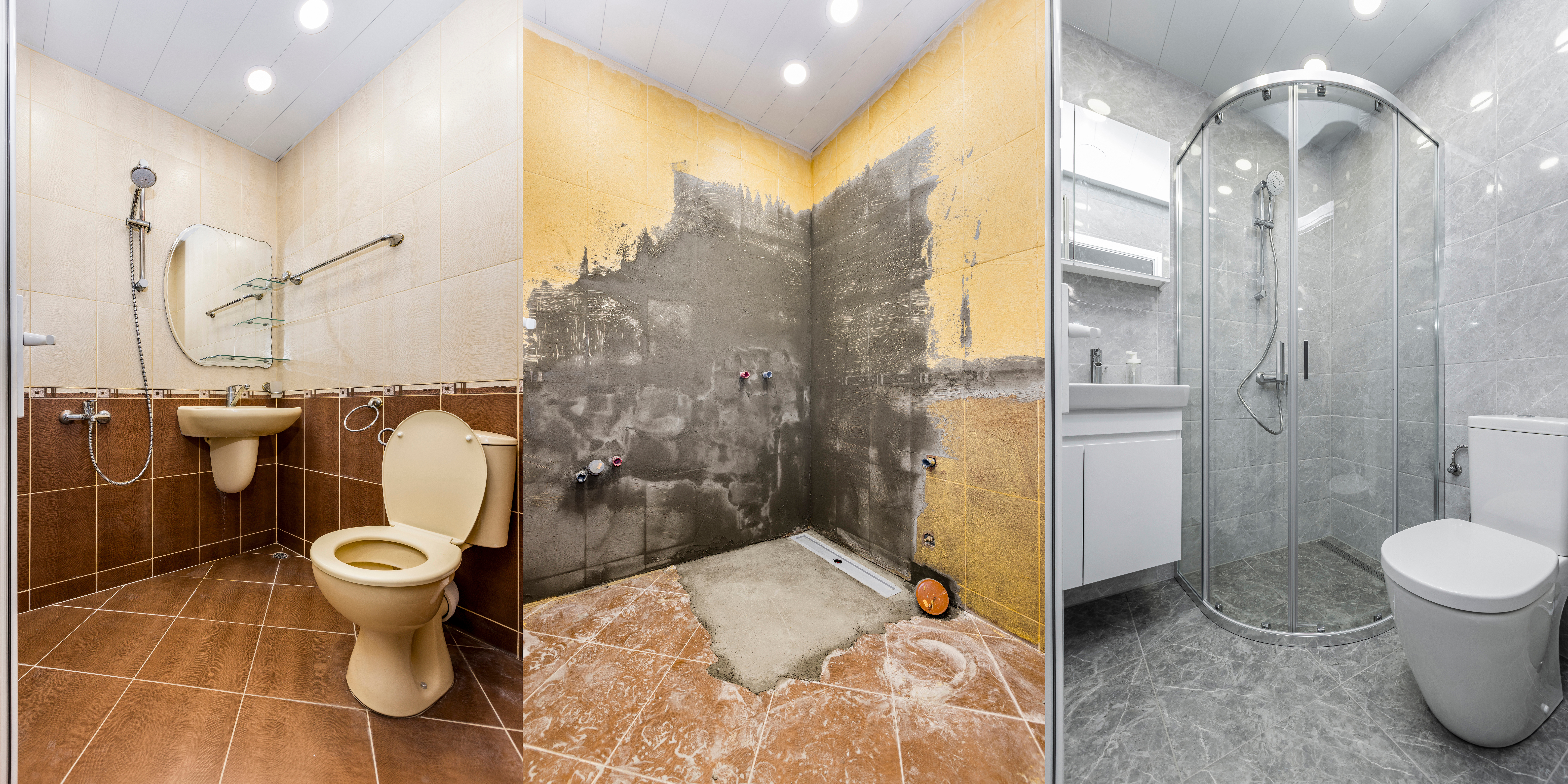 Vorher-Nachher-Vergleich: altes Bad modernisieren mit neuer Dusche, hellen Fliesen und zeitgemäßem Design.