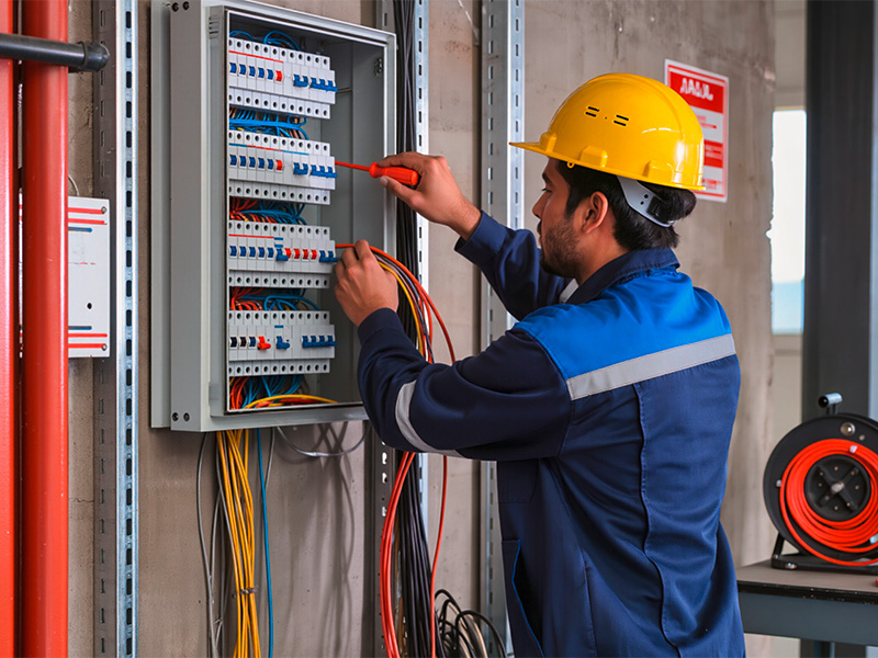Elektriker prüft Sicherungskasten bei professioneller Elektroinstallation im Brohltal mit Messgerät und Werkzeug.