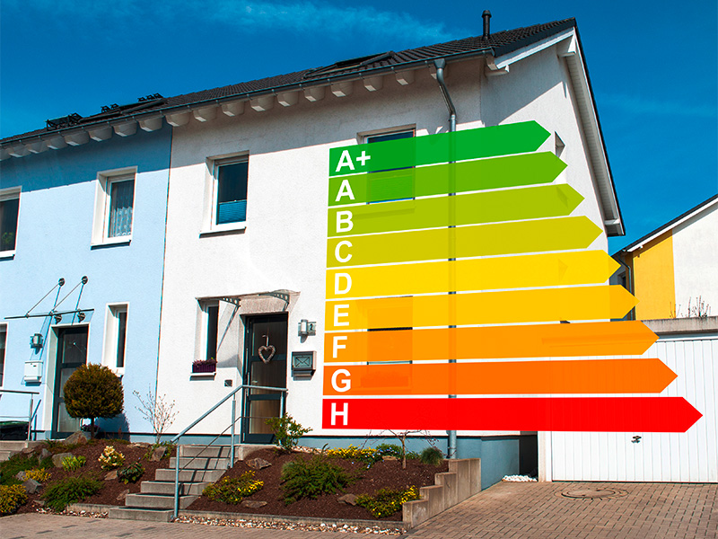 Haus mit verschiedenen Energieeffizienzklassen zur Veranschaulichung energetischer Sanierung und Energieeinsparung in Bad Neuenahr.
