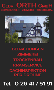 Banner der Gebr. Orth GmbH in Bad Neuenahr-Ahrweiler mit Kontaktdaten und Informationen zu Dachsanierung und energetischer Sanierung.