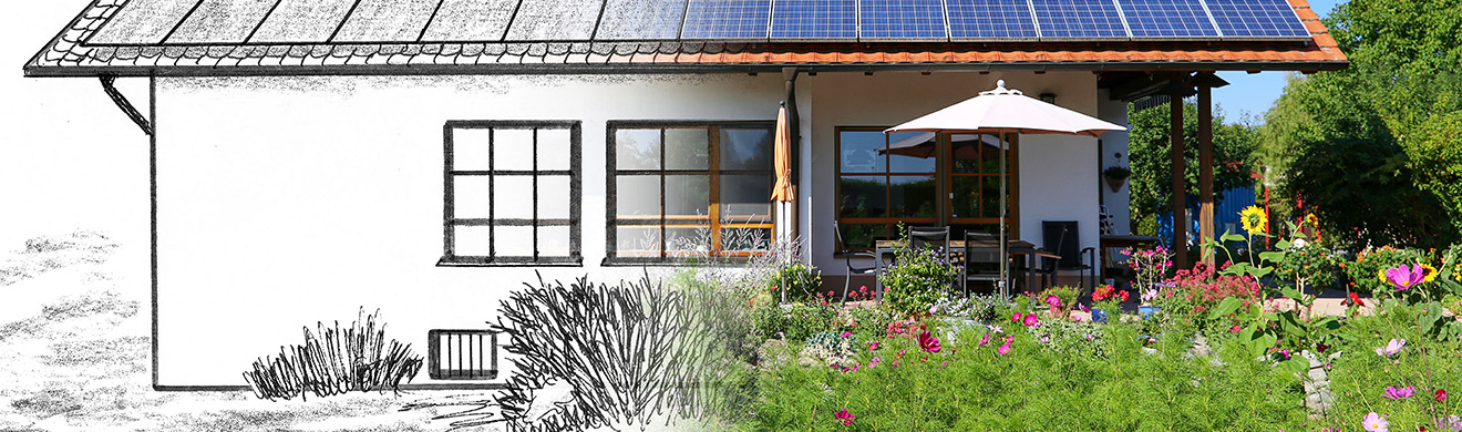 Einfamilienhaus mit Solaranlage neben Haus-Skizze, visualisiert energieeffiziente Bau- und Solarkonzepte