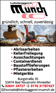 Banner der Lohnbaggerei M&uuml;nch f&uuml;r Erdarbeiten in Bad Neuenahr mit Kontaktdaten und Informationen zu Bagger-, Planier- und Erdbewegungsarbeiten.