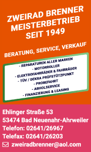 Banner der Zweirad Brenner GmbH in Bad Neuenahr-Ahrweiler mit Kontaktdaten, Fahrradberatung, Verkauf, Reparatur und Serviceleistungen.