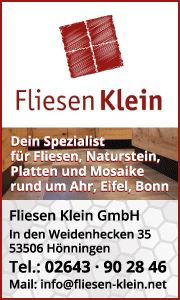 Banner zeigt Fliesen Klein Leistungen, Kontaktdaten und Service für Fliesenverkauf und Fliesenverlegung im Kreis Ahrweiler.