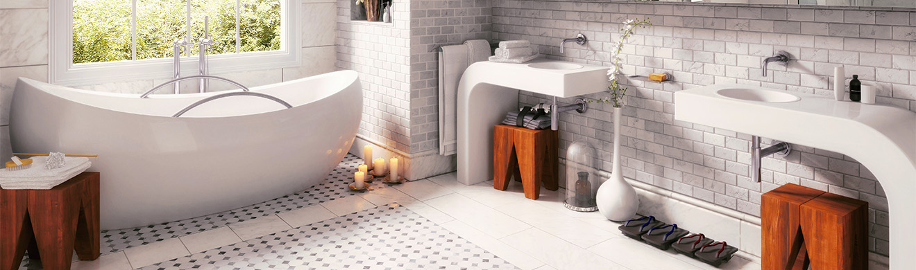 Elegantes Badezimmer mit klassischer Fliesengestaltung, freistehender Badewanne und moderner Waschgelegenheit im Kreis Ahrweiler.