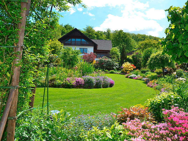 Blütenreicher Garten mit verschiedenen Blumen und Pflanzen als Beispiel für das Garten anlegen in Remagen