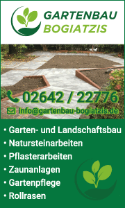 Banner von Gartenbau Bogiatzis in Remagen mit Kontaktdaten und Informationen zu Gartenbau, Landschaftsbau, Naturstein- und Pflasterarbeiten