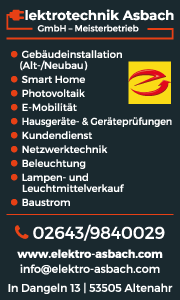 Banner der Elektrotechnik Asbach GmbH in Altenahr mit Kontaktdaten sowie Informationen zu Elektroinstallation, Gebäudetechnik und weiteren Leistungen.