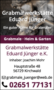 Banner der Grabmalwerkstätte Eduard Jünger in Kirchwald mit Kontaktdaten sowie Informationen zu Grabmalen, Grabsteingravuren und Steinmetzarbeiten.