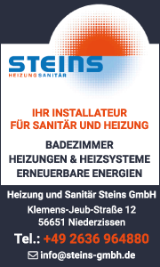 Banner der Heizung und Sanitär Steins GmbH in Niederzissen mit Kontaktdaten und Informationen zu Heizung, Sanitär und Heizungsmodernisierung.