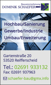 Banner der Bauunternehmung Schaefer mit Leistungsübersicht und Kontaktdaten für Hochbau, Sanierung und Bauplanung im Kreis Ahrweiler.