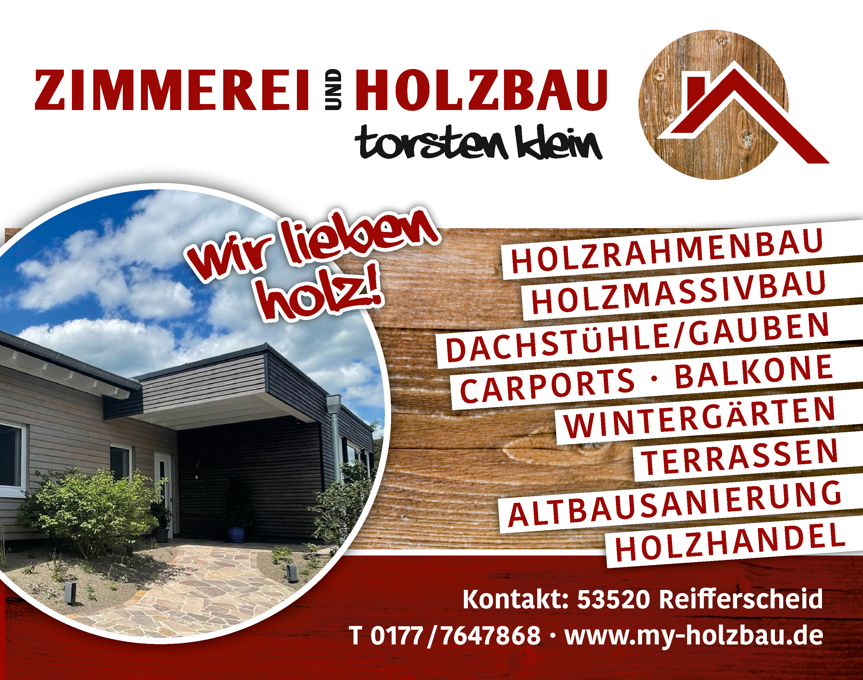 Professionelle Werbeanzeige der Zimmerei & Holzbau Klein in Reifferscheid mit zentralem Leistungsangebot und übersichtlichen Kontaktangaben.