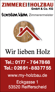 Werbebanner der Zimmerei Torsten Klein zeigt Leistungen, Kontaktdaten und Holzbau-Kompetenz im Kreis Ahrweiler.