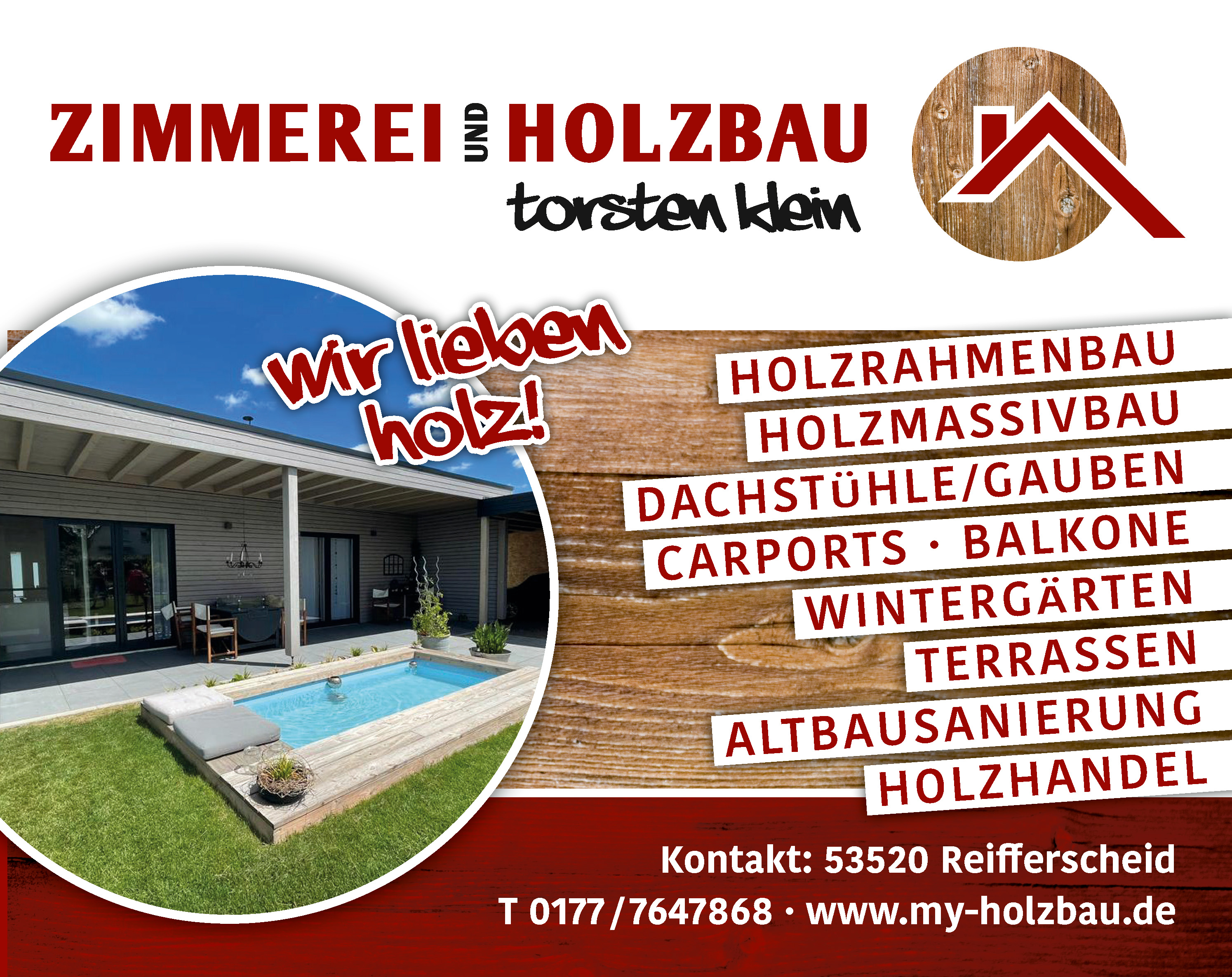 Werbeanzeige der Zimmerei & Holzbau Klein aus Reifferscheid mit Leistungsübersicht, modernem Design und klaren Kontaktinformationen.