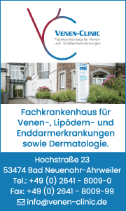 Banner der MVZ VENEN-CLINIC GmbH in Bad Neuenahr-Ahrweiler mit Kontaktdaten und Informationen zu Venen- und Lipödemerkrankungen.