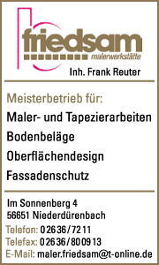 Banner der Malerwerkstätte Friedsam in Niederdürenbach mit Kontaktdaten sowie Informationen zu Maler-, Tapezierarbeiten, Bodenbelägen und Fassadenschutz