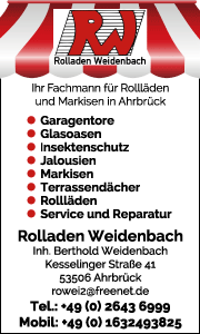 Banner von Rollladen Weidenbach in Ahrbrück mit Kontaktdaten und Informationen zu Rollläden, Markisen und Sonnenschutzlösungen.