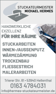 Banner der Firma Stuckateurmeister Michael Hermes in Hellenthal mit Kontaktdaten, Telefonnummer und Übersicht zu Putzarbeiten, Innen- und Außenputz sowie Sanierungsleistungen.