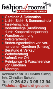 Banner von fashion4rooms in Sinzig mit Kontaktdaten und Überblick zu Leistungen im Bereich Raumausstattung und Raumgestaltung.