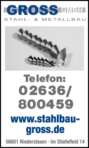 Banner von Stahl- & Metallbau Ralph Groß in Niederzissen mit Kontaktdaten und Leistungen wie Stahlbau, Treppenbau, Geländerbau und Metallkonstruktionen.