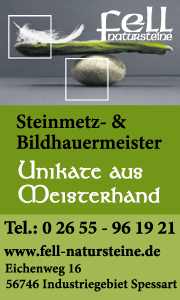 Banner von FELL Natursteine in Kempenich mit Kontaktdaten und Informationen zu Naturstein, Steinmetzarbeiten und individueller Natursteingestaltung.