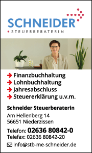 Banner der Steuerberaterin Schneider in Niederzissen mit Kontaktdaten sowie Informationen zu Steuerberatung, Buchhaltung und Jahresabschlüssen.