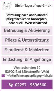 Banner der Eifeler Tagespflege GmbH Bad Münstereifel-Wald mit Kontaktdaten und Informationen zur Tagesbetreuung für Senioren.