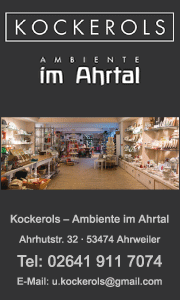 Banner von Kockerols Ambiente im Ahrtal in Ahrweiler mit Kontaktdaten und Informationen zu Tischwäsche, Tischdecken und Servietten.