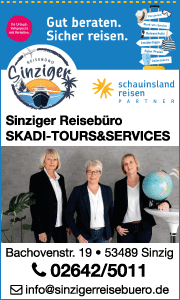 Banner des Sinziger Reisebüros mit Kontaktdaten und Informationen zu Reiseberatung, Urlaubsreisen, Flugreisen und individueller Reiseplanung in Sinzig.