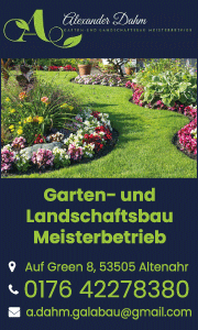 Banner von GaLaBau Alexander Dahm in Altenahr mit Kontaktdaten und Leistungsinformationen rund um Gartengestaltung, Zaunbau und Natursteinmauern.
